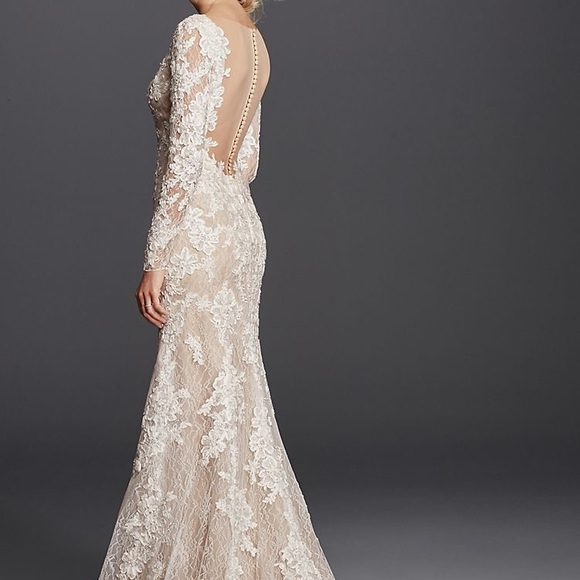 Petite long sleeve plunging v-neckline ivory lace wedding gown